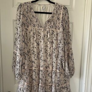 Blue Rain Cream Long Sleeve Tiered Dress with Black Floral Print